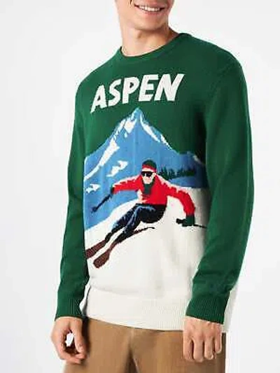 Pre-owned Mc2 Saint Barth Man Sweater Aspen Vintage Postcard Print In Green