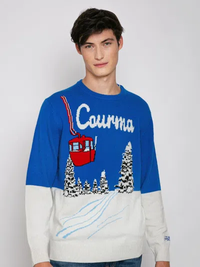 Mc2 Saint Barth Man Sweater Courma Vintage Postcard Print In Blue