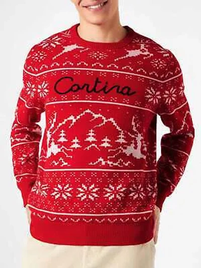 Pre-owned Mc2 Saint Barth Man Sweater Norwegian Style With Cortina Embroidery In Red