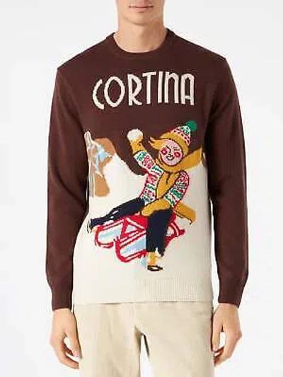Pre-owned Mc2 Saint Barth Man Sweater With Cortina Postcard Print In Brown