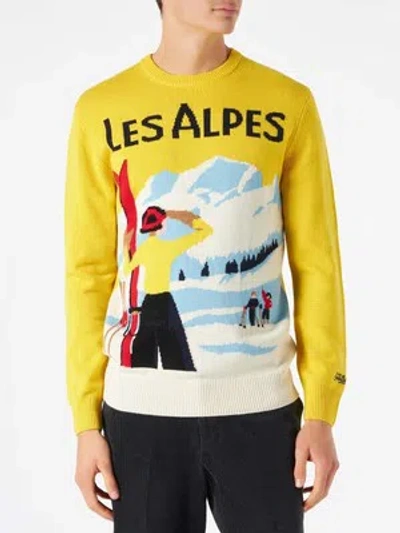 Pre-owned Mc2 Saint Barth Man Sweater With Les Alpes Postcard In Yellow