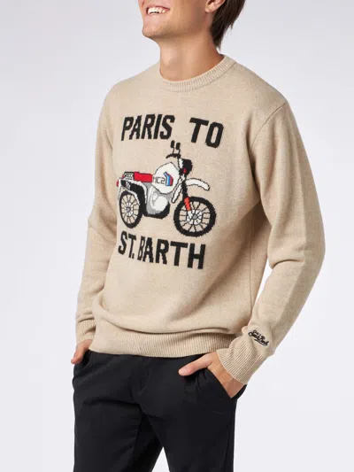 Mc2 Saint Barth Man Sweater With Paris To St.barth Front Print In Beige Melange