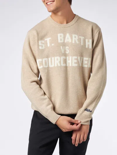 Mc2 Saint Barth Man Sweater With St. Barth Vs Courchevel Print In Beige