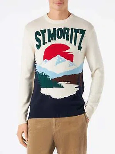 Pre-owned Mc2 Saint Barth Man Sweater With St.moritz Postcard Print In White