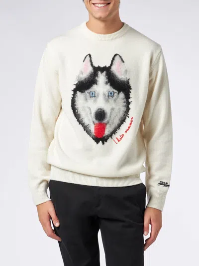 Mc2 Saint Barth Man Sweater With Wolf Print And I Hate Summer Embroidery