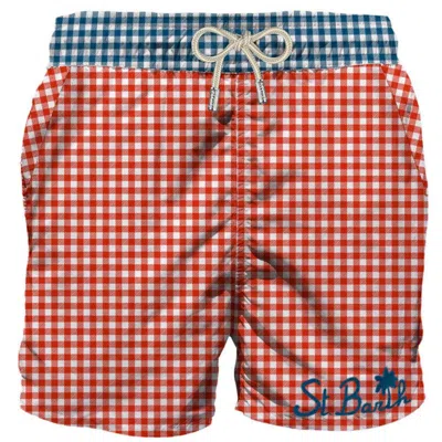 Mc2 Saint Barth Man Swim Shorts Gingham Print And Pocket In Red