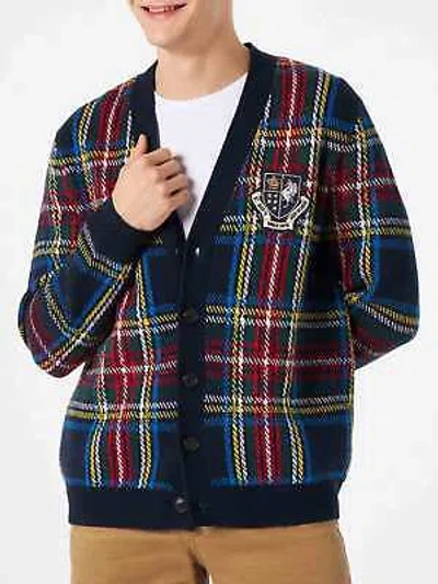 Pre-owned Mc2 Saint Barth Man Tartan Knitted Cardigan With Patch In Blue