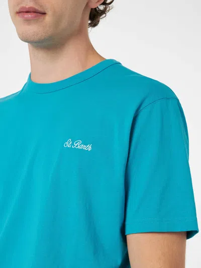 Mc2 Saint Barth Man Teal Cotton Jersey T-shirt Dover With St. Barth Embroidery In Green
