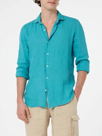 Mc2 Saint Barth Man Teal Linen Shirt Pamplona In Green