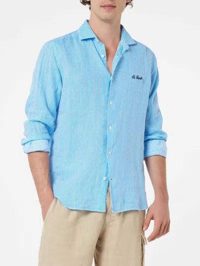 Mc2 Saint Barth Man Turquoise Striped Linen Shirt Pamplona In Sky