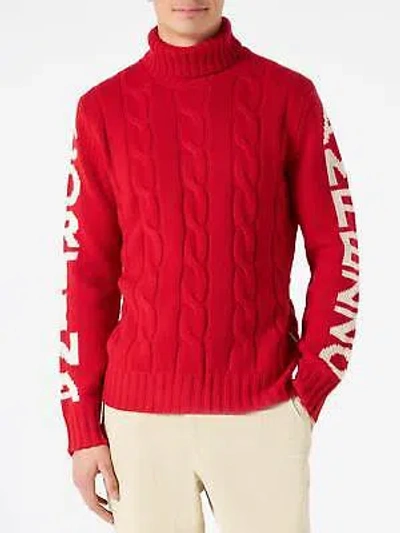 Pre-owned Mc2 Saint Barth Man Turtleneck Braided Sweater With Cortina Ampezzo Print In Red