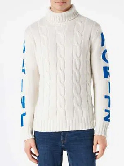 Pre-owned Mc2 Saint Barth Man Turtleneck Braided Sweater With Saint Moritz Print In White