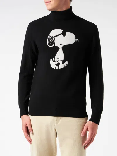 Mc2 Saint Barth Man Turtleneck Sweater With Snoopy Jacquard Print Snoopy - Peanuts Special Edition In Black