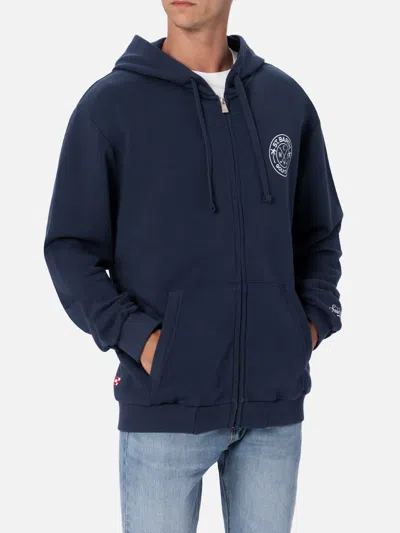 Mc2 Saint Barth Man Zipped Cotton Fleece Hoodie Danny With Front And Back Print In Blue