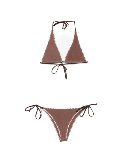 Mc2 Saint Barth Marielle Ws Crochet-trim Smocked Bikini In Brown