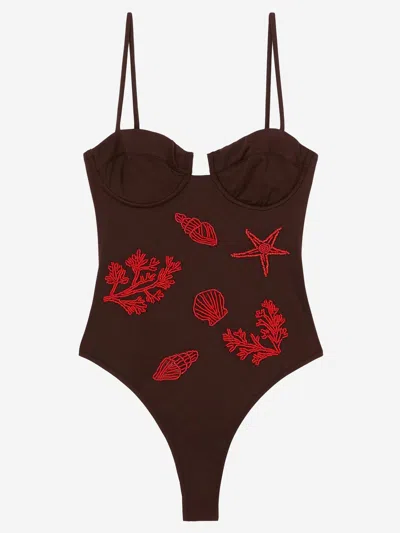 Mc2 Saint Barth Marine Embroidery One-piece Swimsuit In Brown