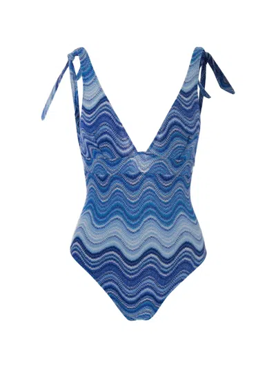 Mc2 Saint Barth Marylin Zigzag-knit Tie-fastening Swimsuit In Blue