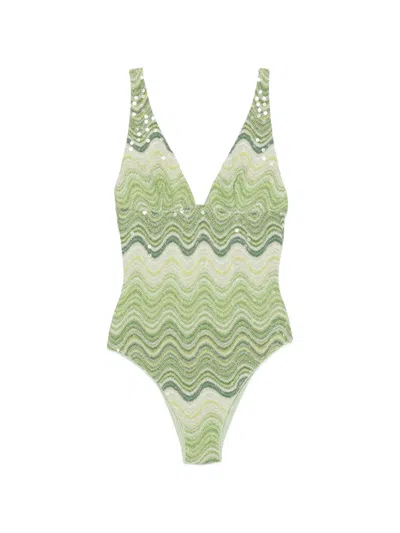 Mc2 Saint Barth Mavi Sequin-embellished Chevron Swimsuit In Green