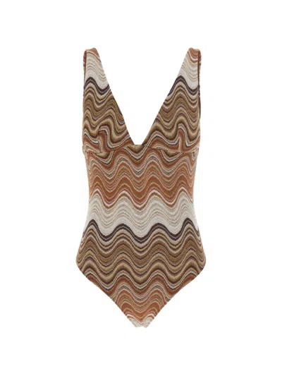 Mc2 Saint Barth Mavi Zigzag-knit Plunge-neck Swimsuit In Brown