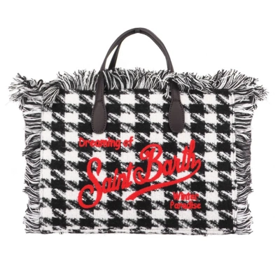 Mc2 Saint Barth Mc2 St. Barth Women's Black White Check Wool Leather Tote Handbag