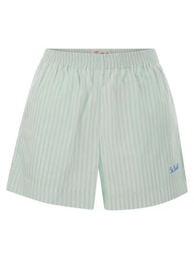 Mc2 Saint Barth Meave - Striped Cotton Shorts In White/water Green