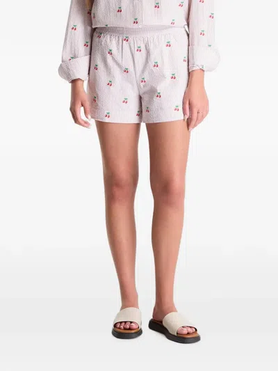 Mc2 Saint Barth Meave Cherry-embroidered Seersucker Shorts In Pink