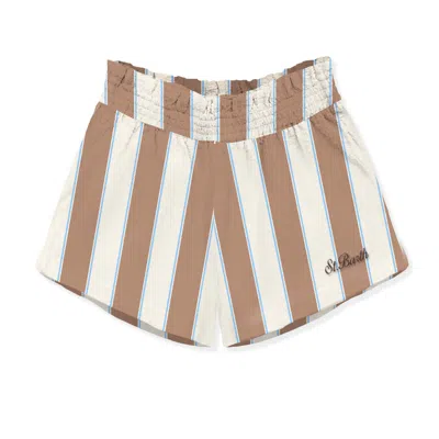 Mc2 Saint Barth Kids' Meave Jr Cotton Shorts With White And Brown Stripes