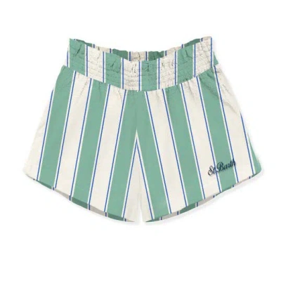 Mc2 Saint Barth Kids' Meave Jr Cotton Shorts With White Green And Cream Stripes
