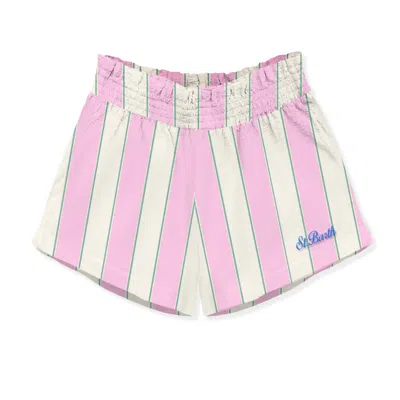 Mc2 Saint Barth Kids' Meave Jr Cotton Shorts With White Pink And Green Stripes