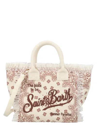 Mc2 Saint Barth Medium Canvas Tote Bag With Paisley Patterns And Fringed Edges In Multi