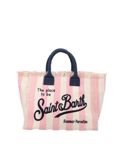 Mc2 Saint Barth Medium Canvas Tote Bag With Striped Design And Fringed Edges In Pink