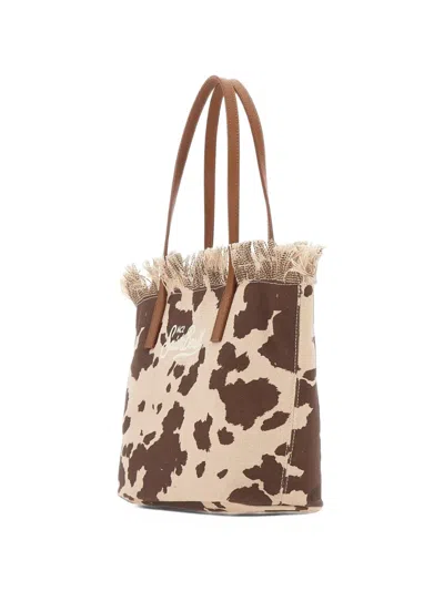 Mc2 Saint Barth Medium City Canvas Shopper Bag With Fringes In Brown