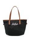 Mc2 Saint Barth Rectangular Tote Bag With Contrasting Brown Handles And White Script Logo In Black