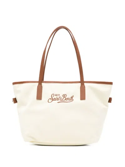 Mc2 Saint Barth Medium Ivory Nylon City Shoulder Bag With Leather Accents In White
