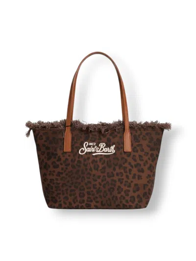 Mc2 Saint Barth Medium Leopard Print Tote Bag With Fringed Edge In Brown