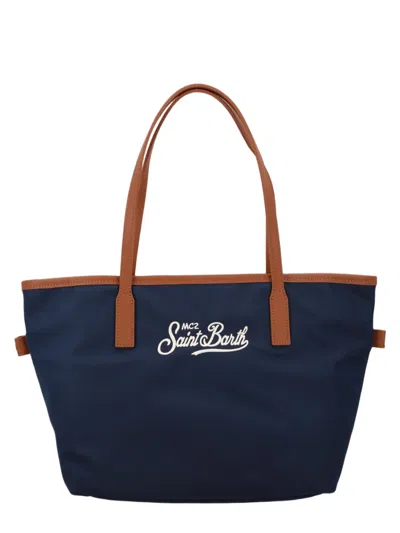 Mc2 Saint Barth Medium Nylon Tote Bag With Cow Leather Trim In Blue