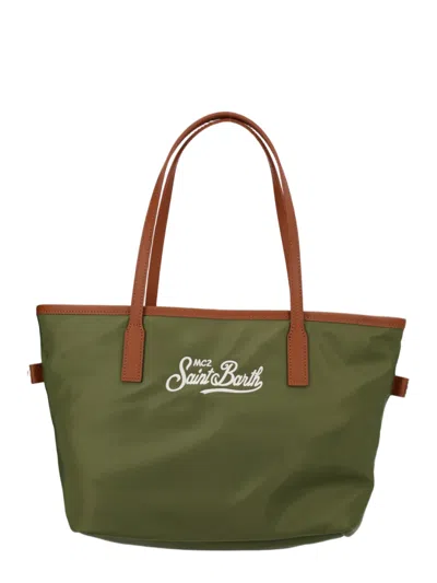 Mc2 Saint Barth Medium Tote Bag In Smooth Nylon With Leather Trim In Green