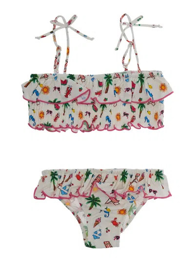 Mc2 Saint Barth Babies' Melie Multicolor Bikini With Ruched Details And All-over Print In Tech Fabric Stretch Girl