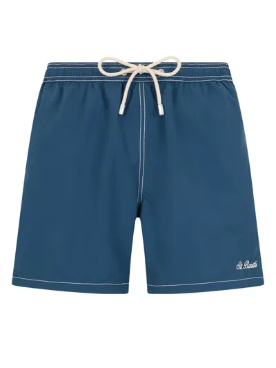 Mc2 Saint Barth Men's Drawstring Swim Trunks With Contrast Stitching And Embroidered Logo In Navy