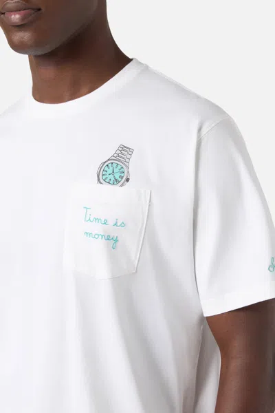 Mc2 Saint Barth Men White Austin T-shirt With Time Is Money Embroidery