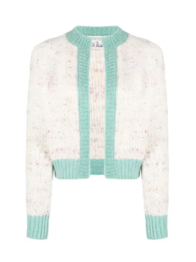 Mc2 Saint Barth Mélange-effect Open-front Cardigan In Beige, Aqua