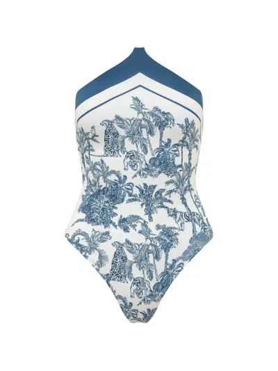 Mc2 Saint Barth Meryem Graphic-print Halterneck Swimsuit In Blue