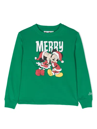 Mc2 Saint Barth Kids' Mickey Minnie Kissmas-print Cotton T-shirt In Green