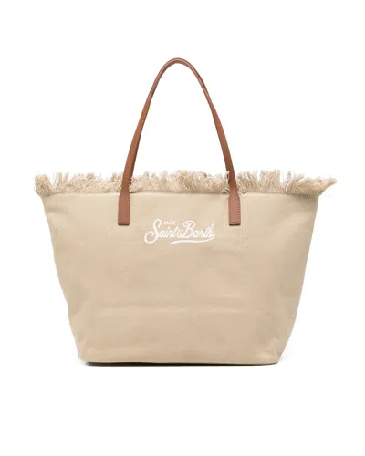 Mc2 Saint Barth Mid Fringe Canvas Tote Bag With Logo Detail In Brown