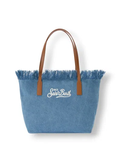 Mc2 Saint Barth Mid Fringe Sangallo Deni Denim Crossbody Bag In Blue