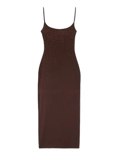 Mc2 Saint Barth Midi-length Dress With Spaghetti Straps And Gradient Embellishments In Brown