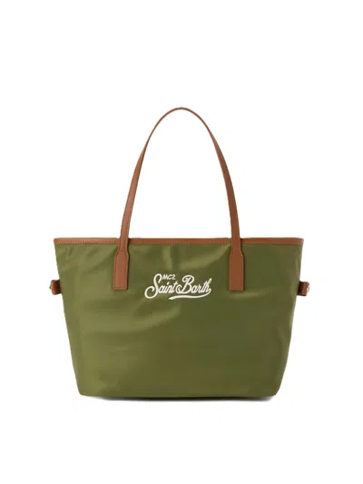 Mc2 Saint Barth Mid-sized Nylon Shoulder Bag With Logo Print And Zip Closure In Green