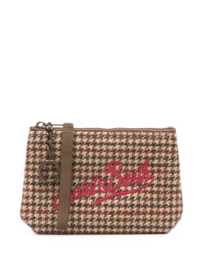 Mc2 Saint Barth Mini Aline Houndstooth Embroidered Make-up Bag In Brown