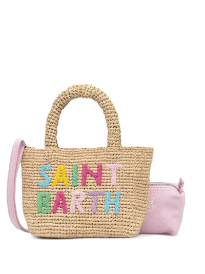 Mc2 Saint Barth Mini Beach Logo-embroidered Woven Beach Bag In Brown