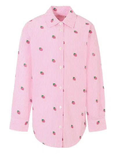 Mc2 Saint Barth Kids' Mini Brigitte Strawberry-print Striped Shirt In Pink